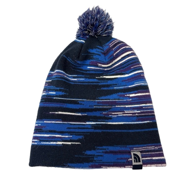 The North Face Youth M Pom Beanie Hat Blue Striped Knit Winter Stocking Cap - Picture 1 of 4